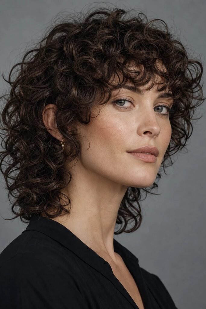 9. Espresso Curly Wolf Shag with Short Bangs