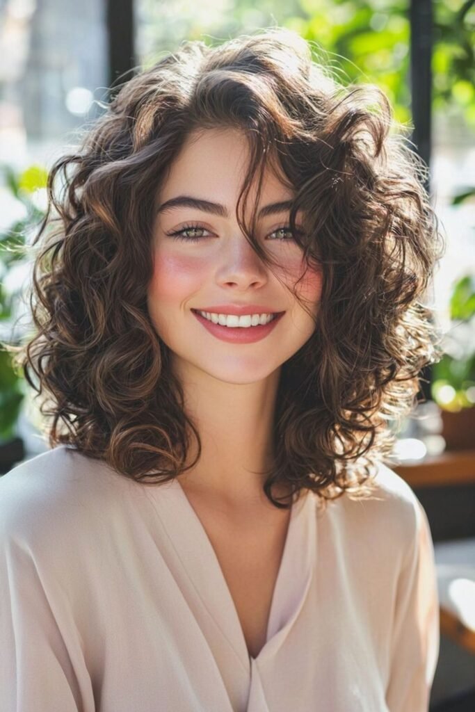 13. Bouncy Brunette Curly Lob Shag with Side Part