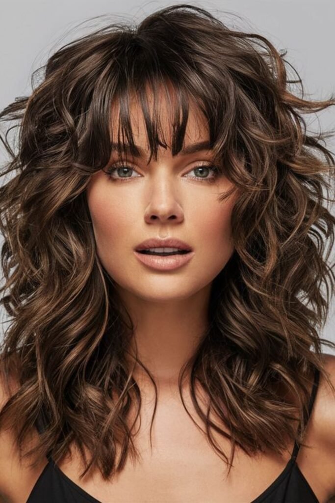 15. Wavy Brunette Shag with Full Bangs and Highlights