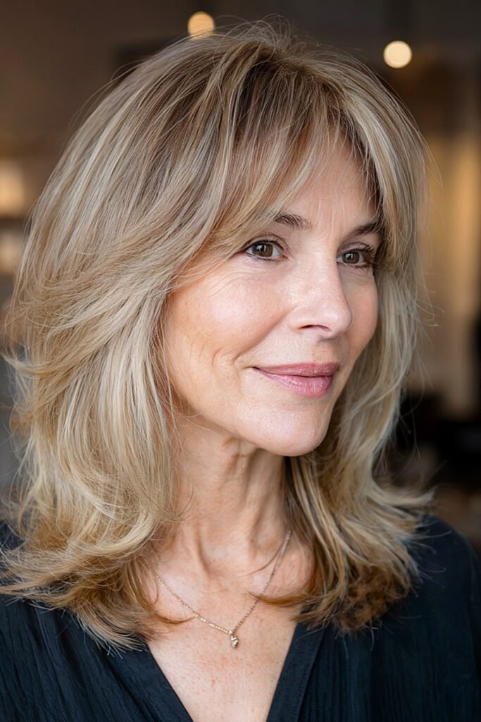 1. Feathered Golden Blonde with Wispy Curtain Bangs