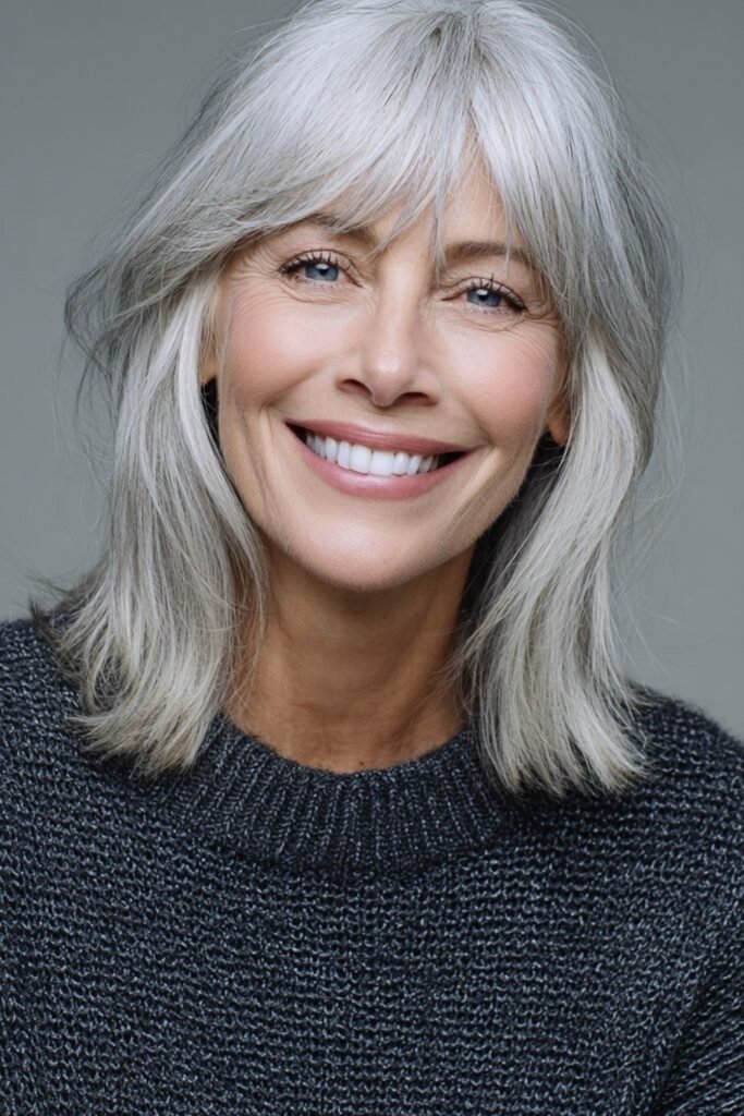 2. Sleek Silver Collarbone Cut with Tapered Curtain Bangs