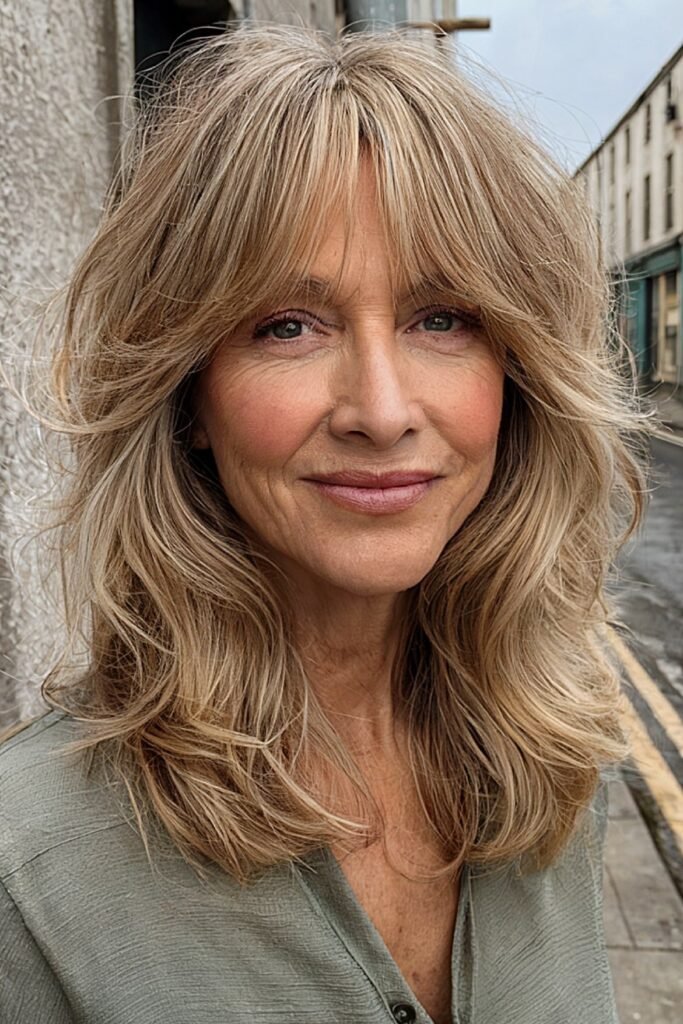 5. Honey Blonde Shag with Long Wispy Bangs