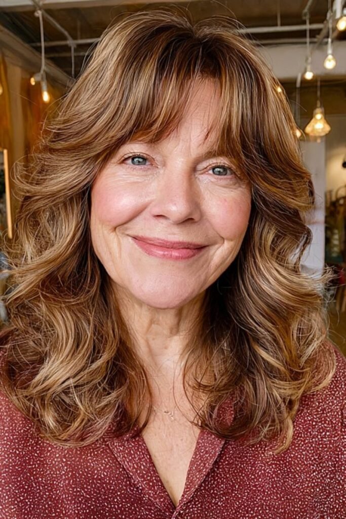 7. Caramel Brunette Bouncy Curls with Full Curtain Bangs