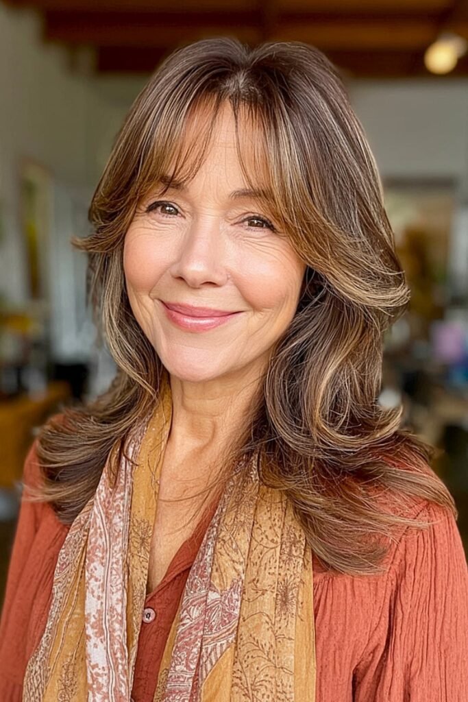 8. Chestnut Brown Flicks with Center Part Bangs