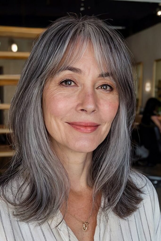 9. Charcoal and Silver Straight Layers with Soft Curtain Bangs