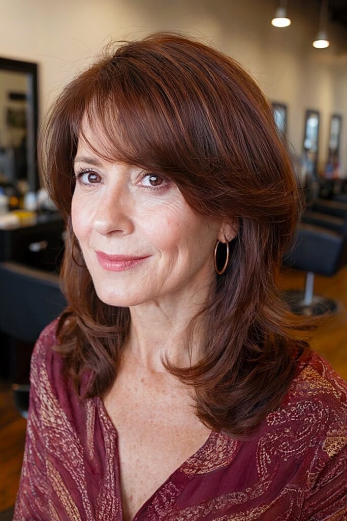 10. Auburn Mahogany Layers with Side Swept Bangs