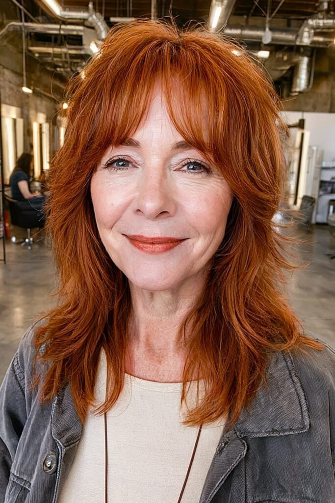 11. Fiery Copper Shag with Choppy Curtain Bangs