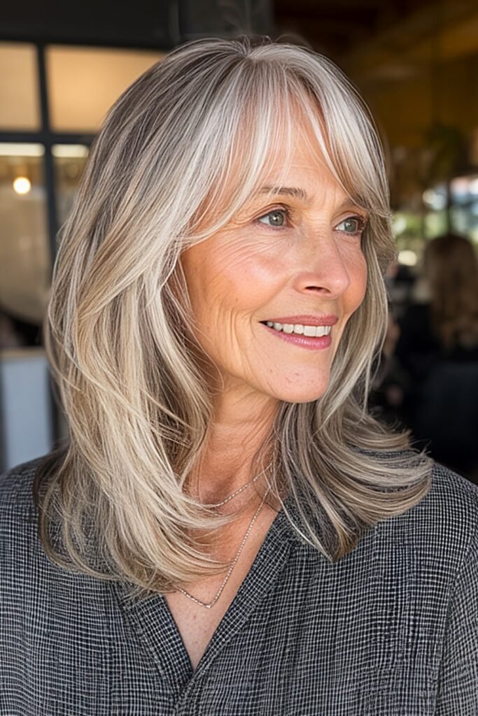 12. Icy Blonde Balayage with Smooth Side Swept Bangs