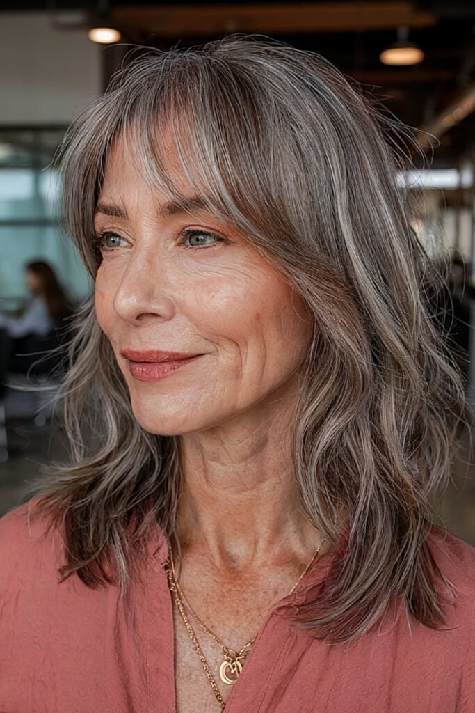 16. Taupe Gray Wavy Shag with Wispy Bangs