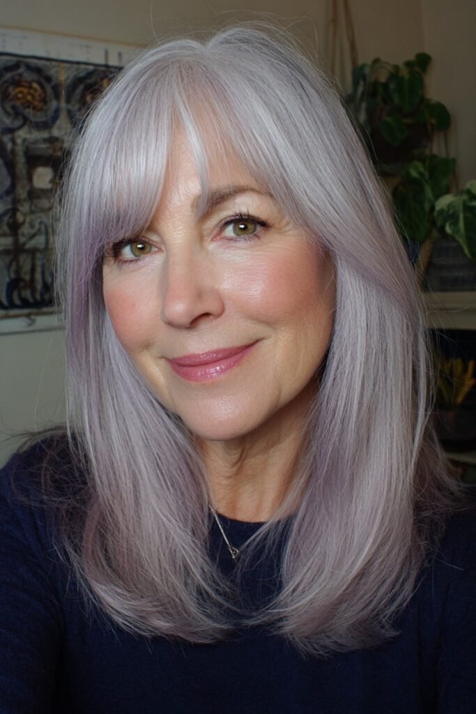 18. Lavender Tinted Silver with Soft Curtain Bangs