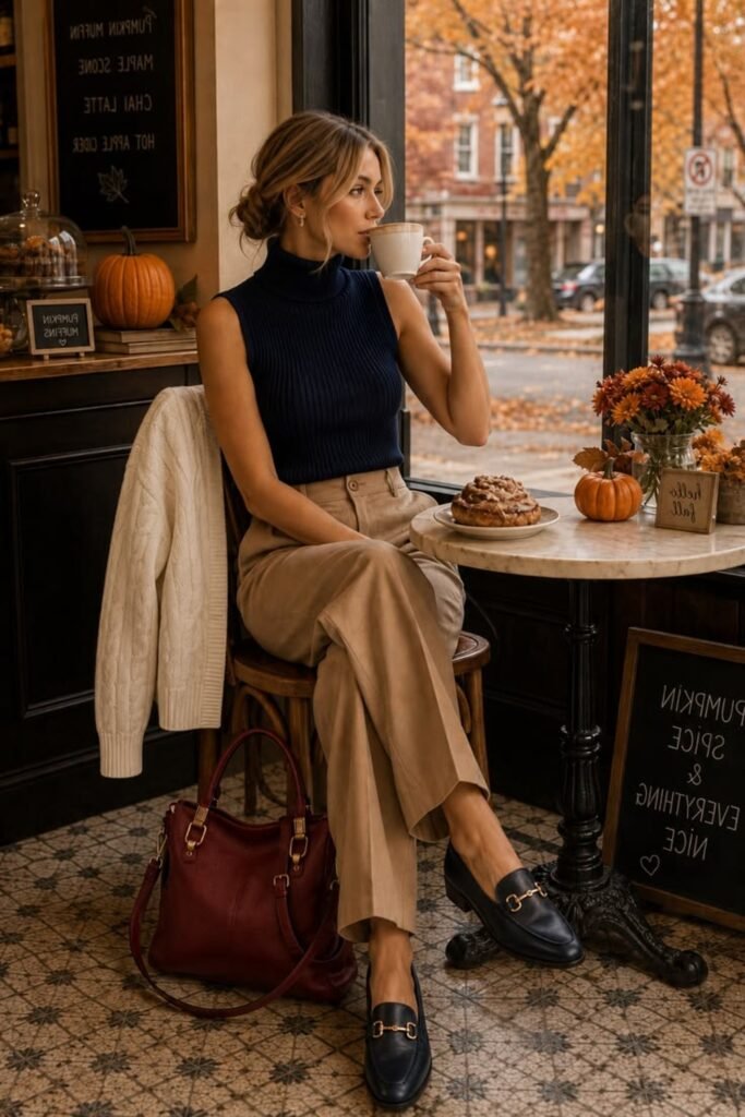 1. Navy Knit Top with Camel Wide Leg Trousers and Navy Loafers
