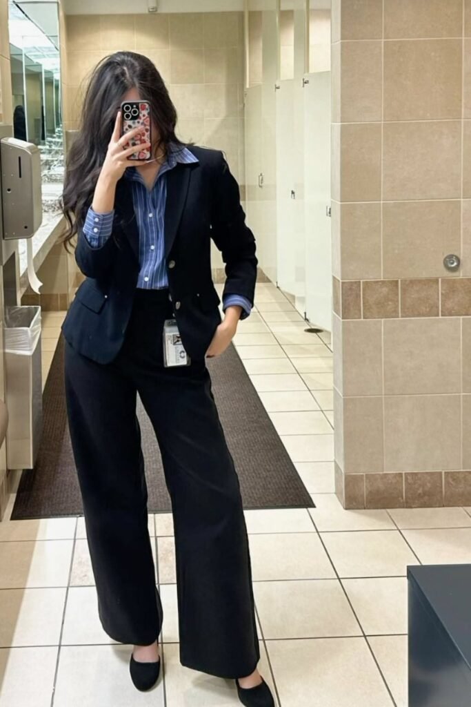 2. Navy Blazer with Striped Shirt and Black Wide Leg Trousers