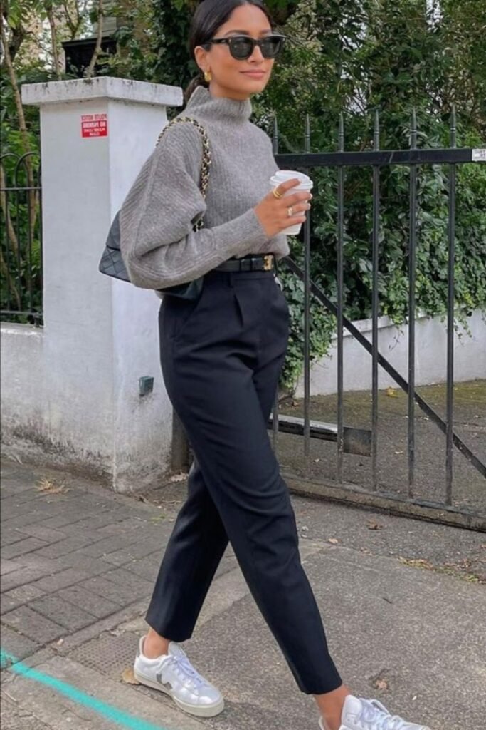 3. Gray Chunky Sweater with Black Pleated Trousers and White Sneakers