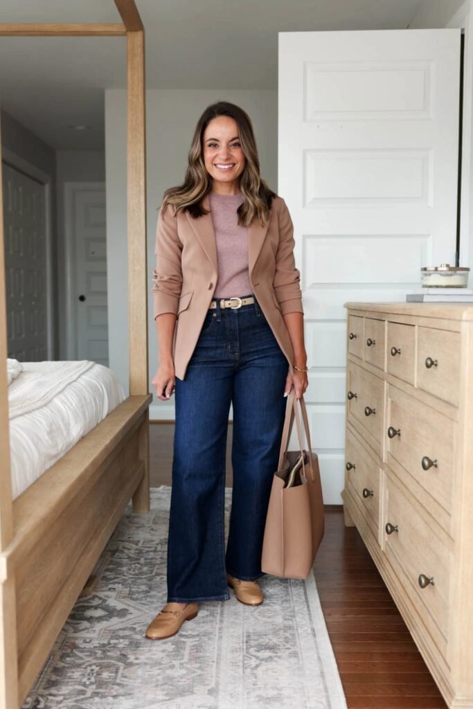 4. Camel Blazer with Mauve Knit and Dark Wide Leg Jeans