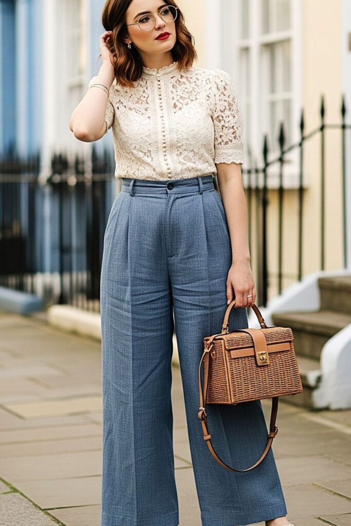 7. Cream Lace Blouse with Blue Wide Leg Trousers and Wicker Bag