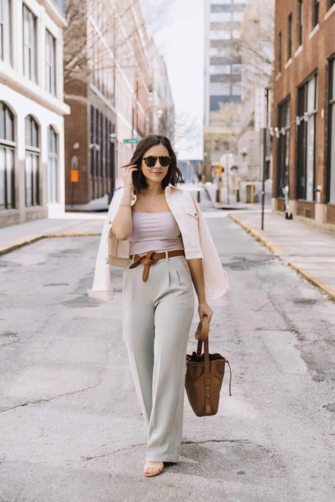 10. Cream Jacket with Lilac Top and Sage Wide Leg Trousers