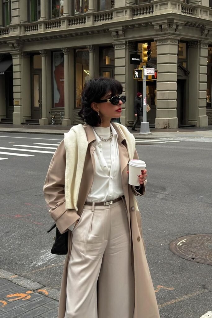 12. Beige Trench with White Shirt and Cream Satin Trousers