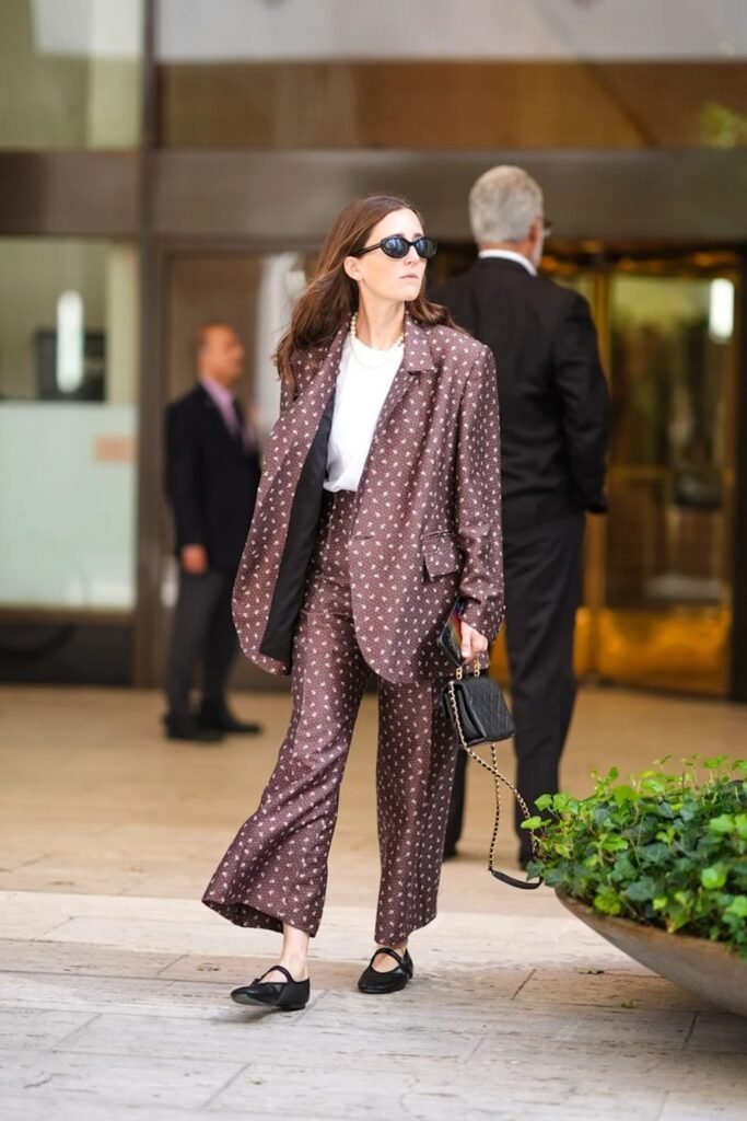 13. Brown Printed Satin Set with White Tee and Mary Jane Flats