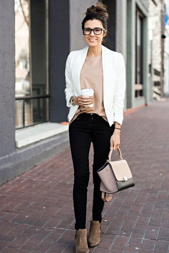 14. White Blazer with Blush Tee and Black Skinny Jeans