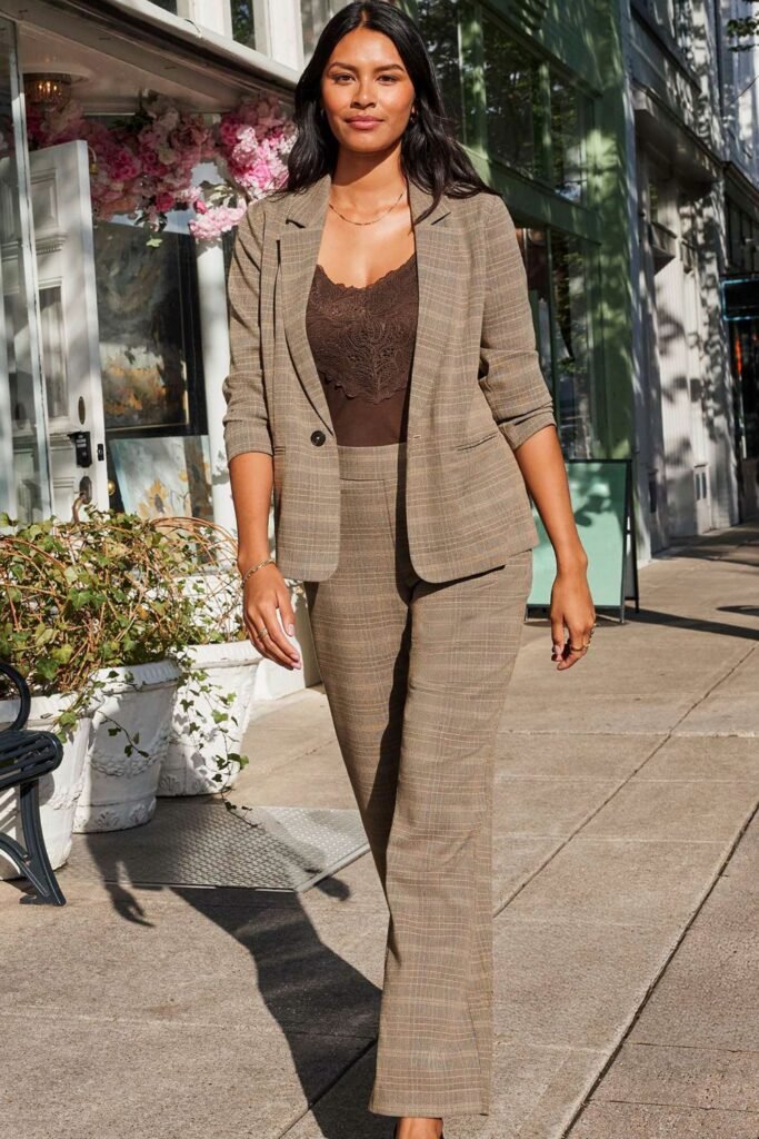 15. Plaid Blazer Set with Brown Lace Cami