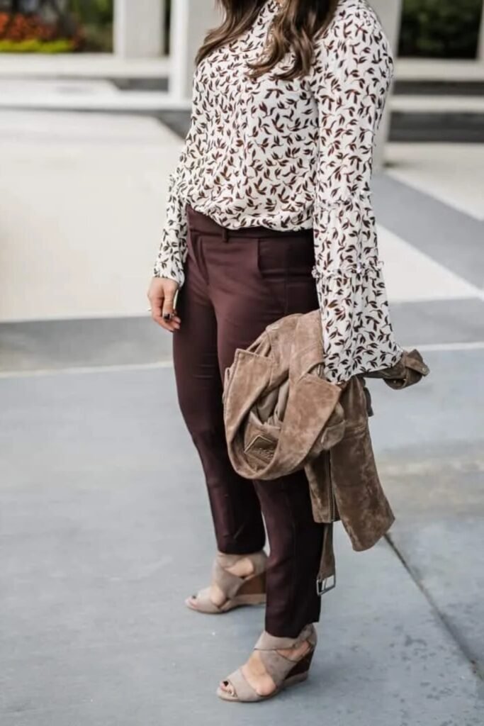16. Leaf Print Blouse with Burgundy Trousers and Wedge Sandals