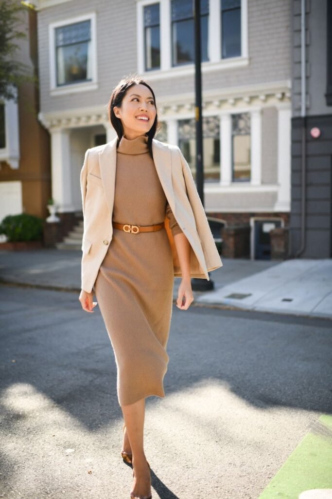 17. Camel Sweater Dress with Cream Blazer and Tan Heels