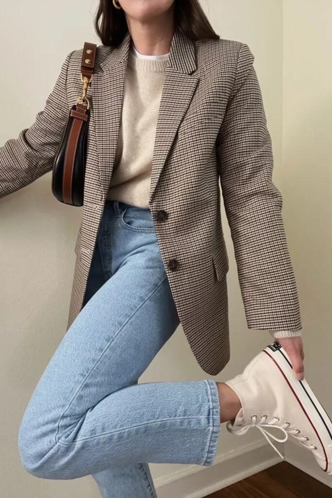 18. Houndstooth Blazer with Cream Sweater, Jeans and High Top Sneakers