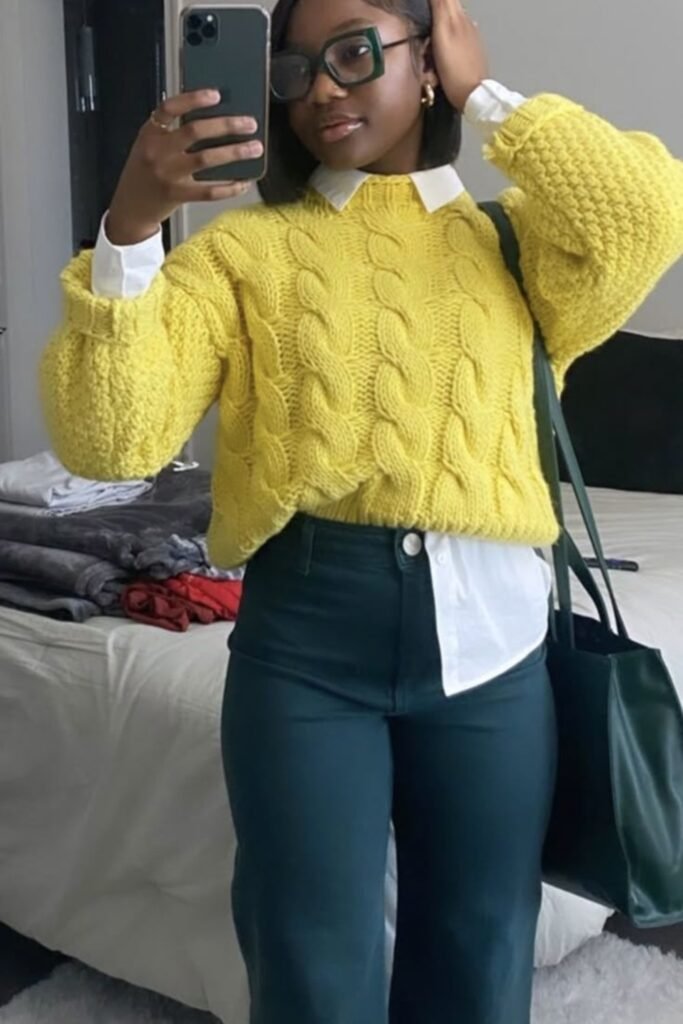 19. Yellow Cable Knit Sweater with White Collared Shirt and Teal Jeans