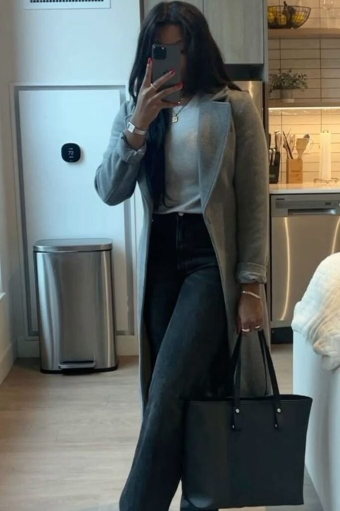 20. Long Gray Coat with Gray Tee, Black Jeans and Tote