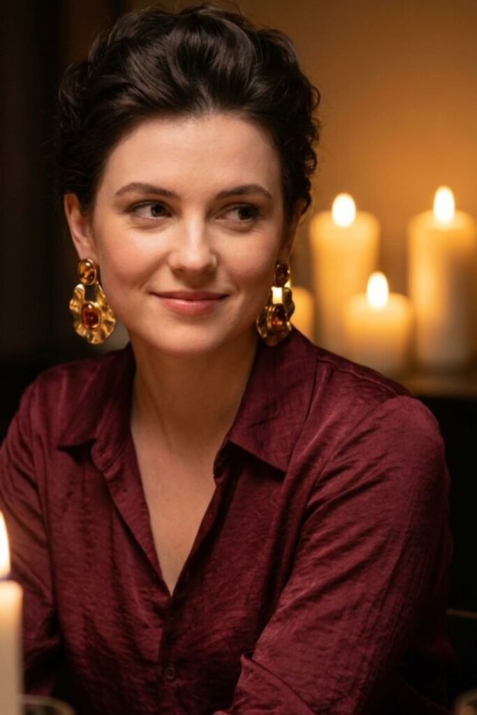20. Burgundy Satin Shirt with Gold Statement Earrings