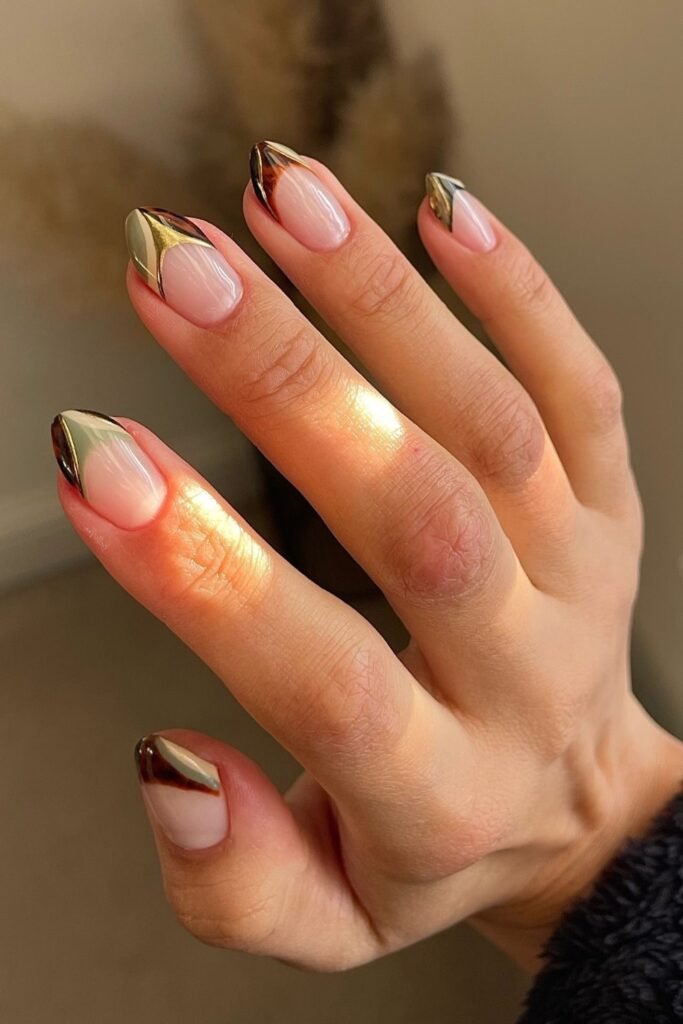 1. Tortoiseshell and Sage Gold-Line French Tips