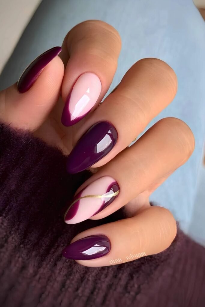 9. Plum French Tips with Gold Swirl