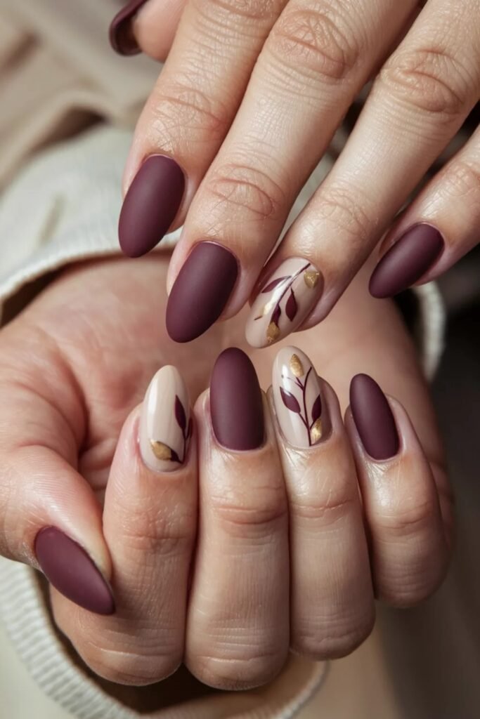 12. Matte Wine Nails with Leaf Sprigs