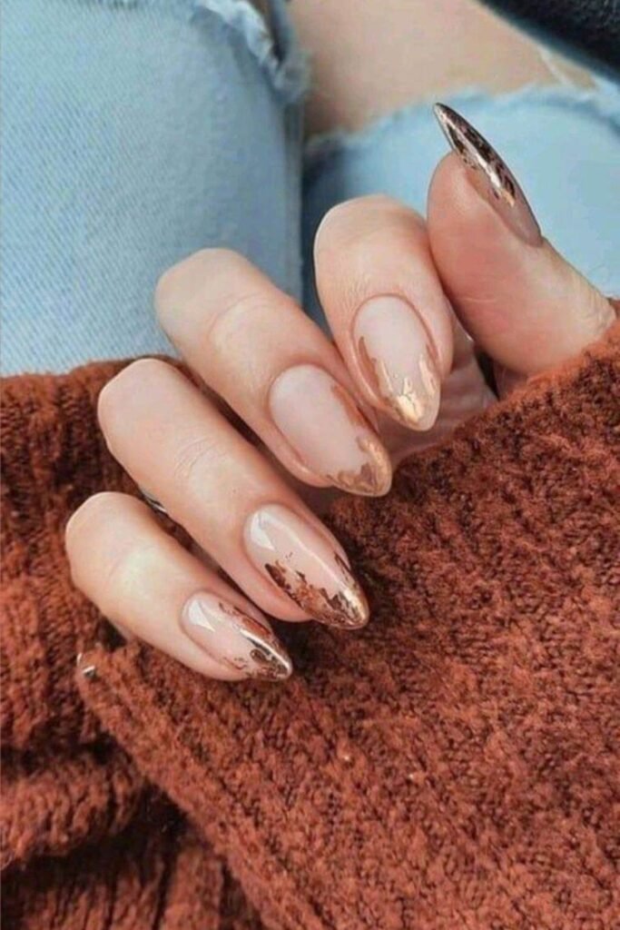 14. Rose Gold Foil Tips on Nude Nails