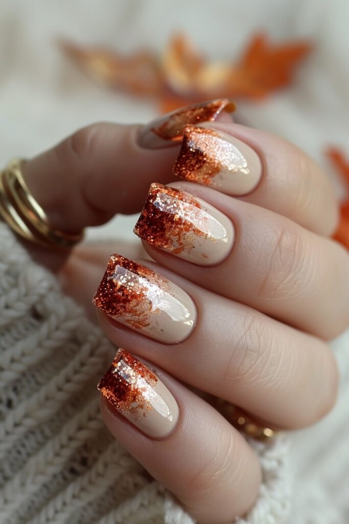 18. Copper Glitter Tips on Nude Nails