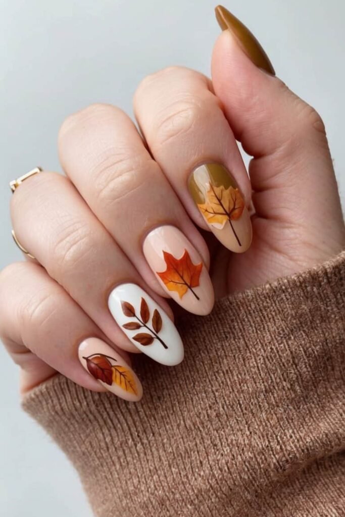 20. Painted Autumn Leaf Nails