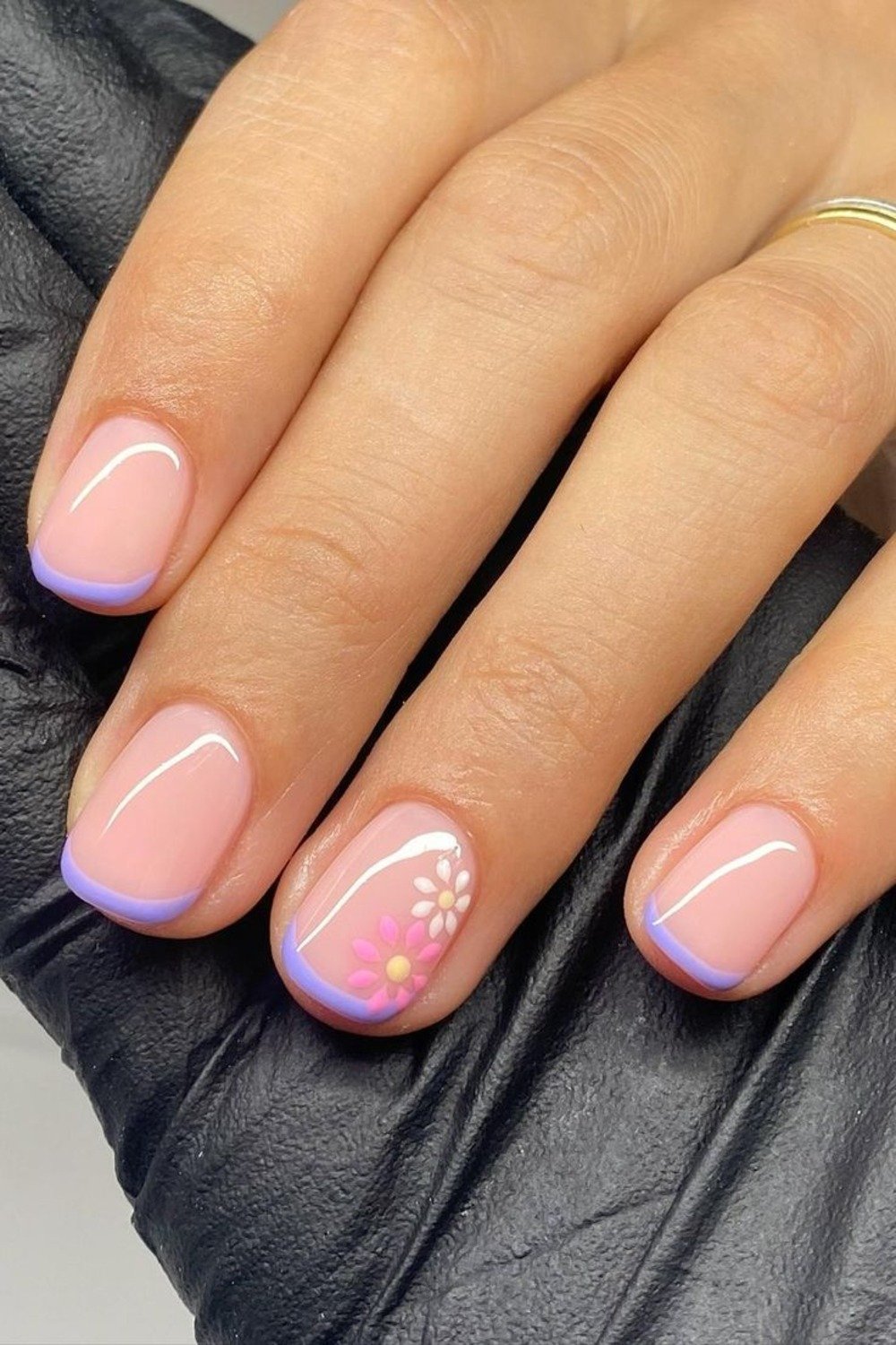 6. Lavender Micro French Tips with Daisy Accent
