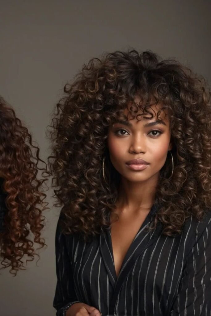 6. (Big Curls with Curly Bangs and Caramel Highlights)