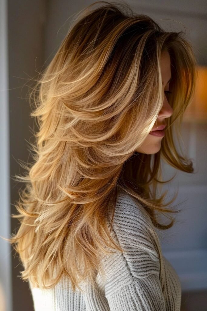 2. (Honey Blonde Cascading Feather Layers)