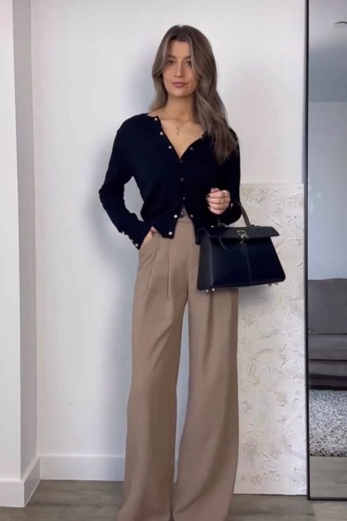 3. Black Cardigan with Mocha Pleated Wide Leg Trousers