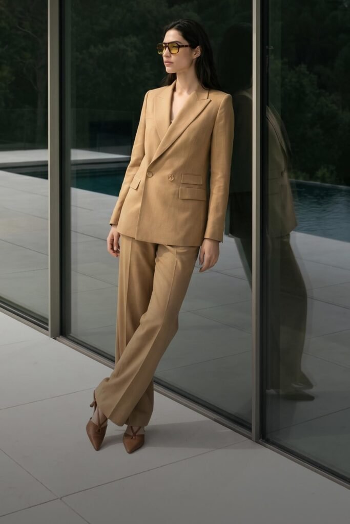 7. Camel Double Breasted Suit with Strappy Slingback Heels