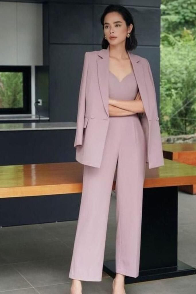 10. Dusty Mauve Three Piece Set with Draped Blazer