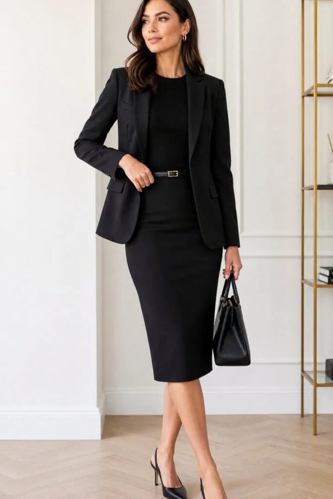 12. Black Blazer with Black Midi Dress and Slingback Pumps