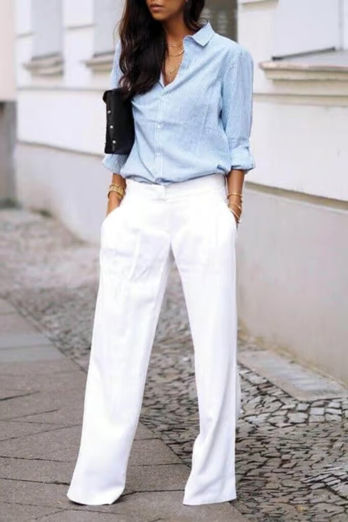 13. Light Blue Striped Shirt with White Wide Leg Trousers