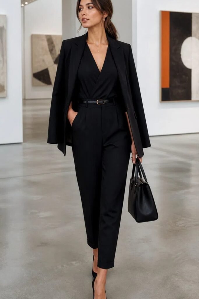 18. Black Draped Blazer with Wrap Top and Tapered Trousers