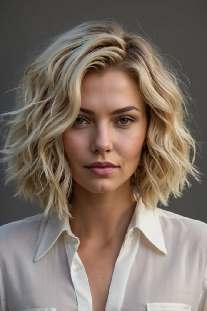 1. (Tousled Wavy Blonde Lob)