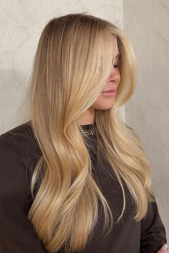 9. (Golden Blonde Layers with Curtain Bangs)