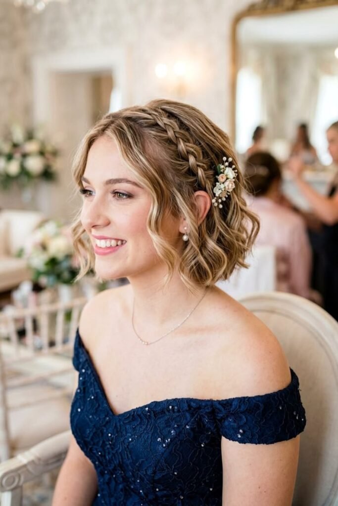 2. (Wavy Bob with a Side Braid and Floral Clip)