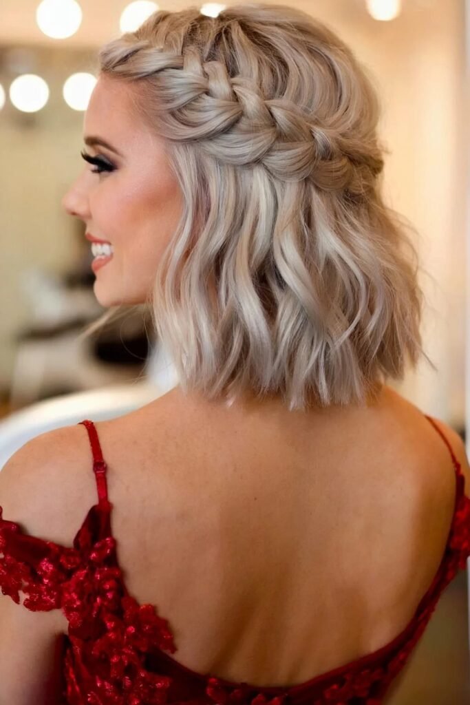 6. (Side Dutch Braid with a Wavy Blonde Bob)