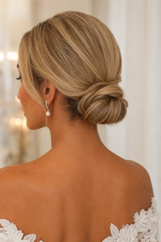 8. (Sleek Low Chignon with Pearl Earrings)